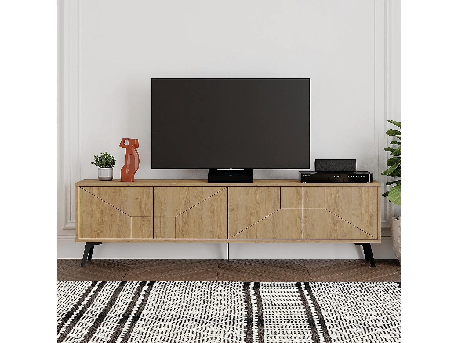 Meuble TV en bois beige "Dune" 180x29x50 cm, 4 portes, design moderne avec rangement au sol