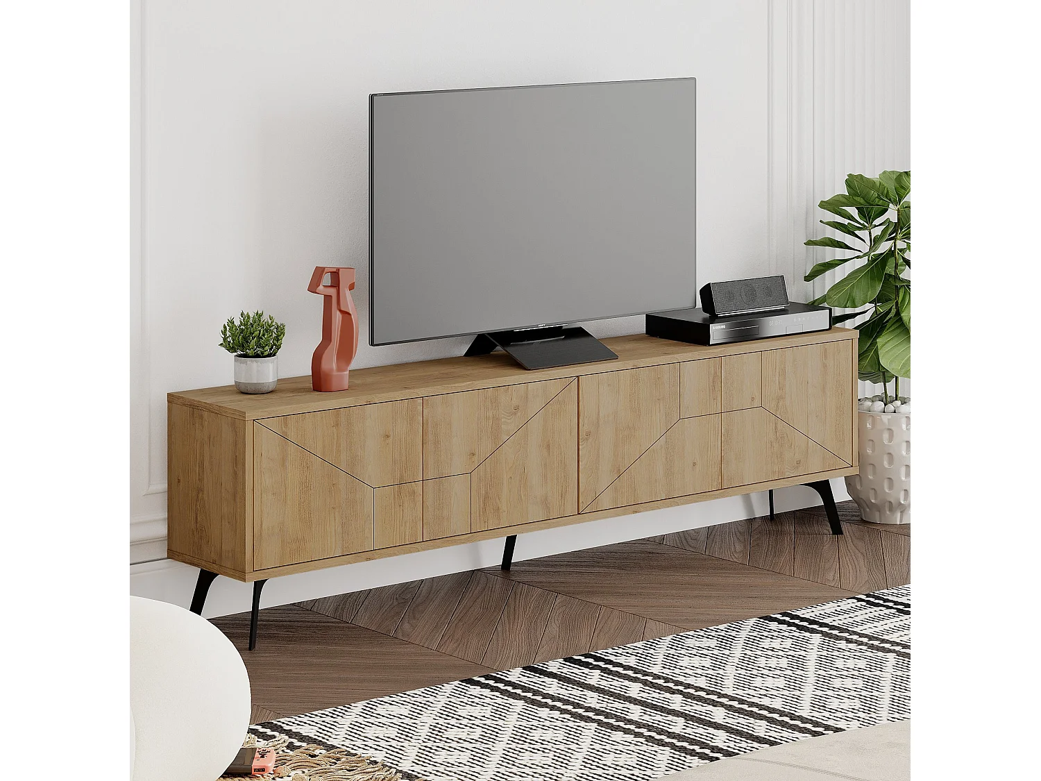 Meuble TV en bois beige "Dune" 180x29x50 cm, 4 portes, design moderne avec rangement au sol