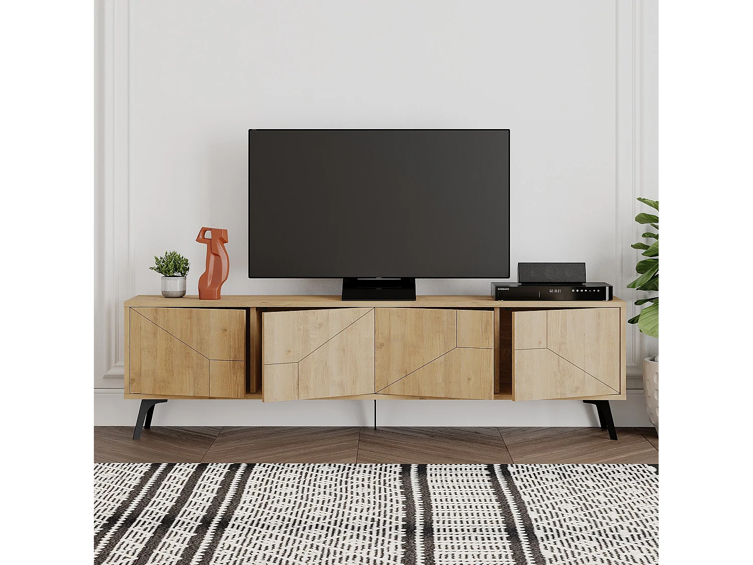 Meuble TV en bois beige "Dune" 180x29x50 cm, 4 portes, design moderne avec rangement au sol