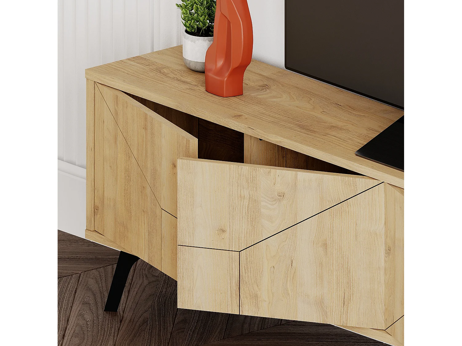 Meuble TV en bois beige "Dune" 180x29x50 cm, 4 portes, design moderne avec rangement au sol