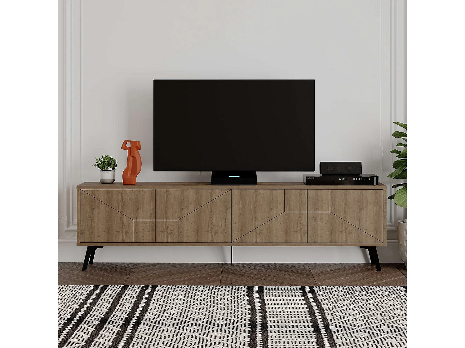 Meuble TV en bois marron "Dune" 180x29x50 cm avec 4 portes et rangement, design moderne et pieds