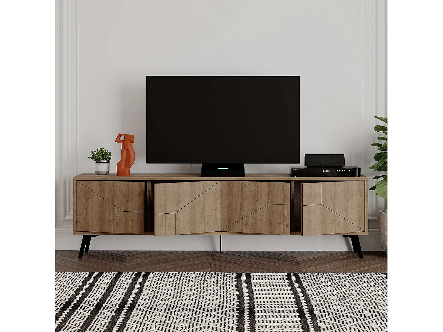 Meuble TV en bois marron "Dune" 180x29x50 cm avec 4 portes et rangement, design moderne et pieds
