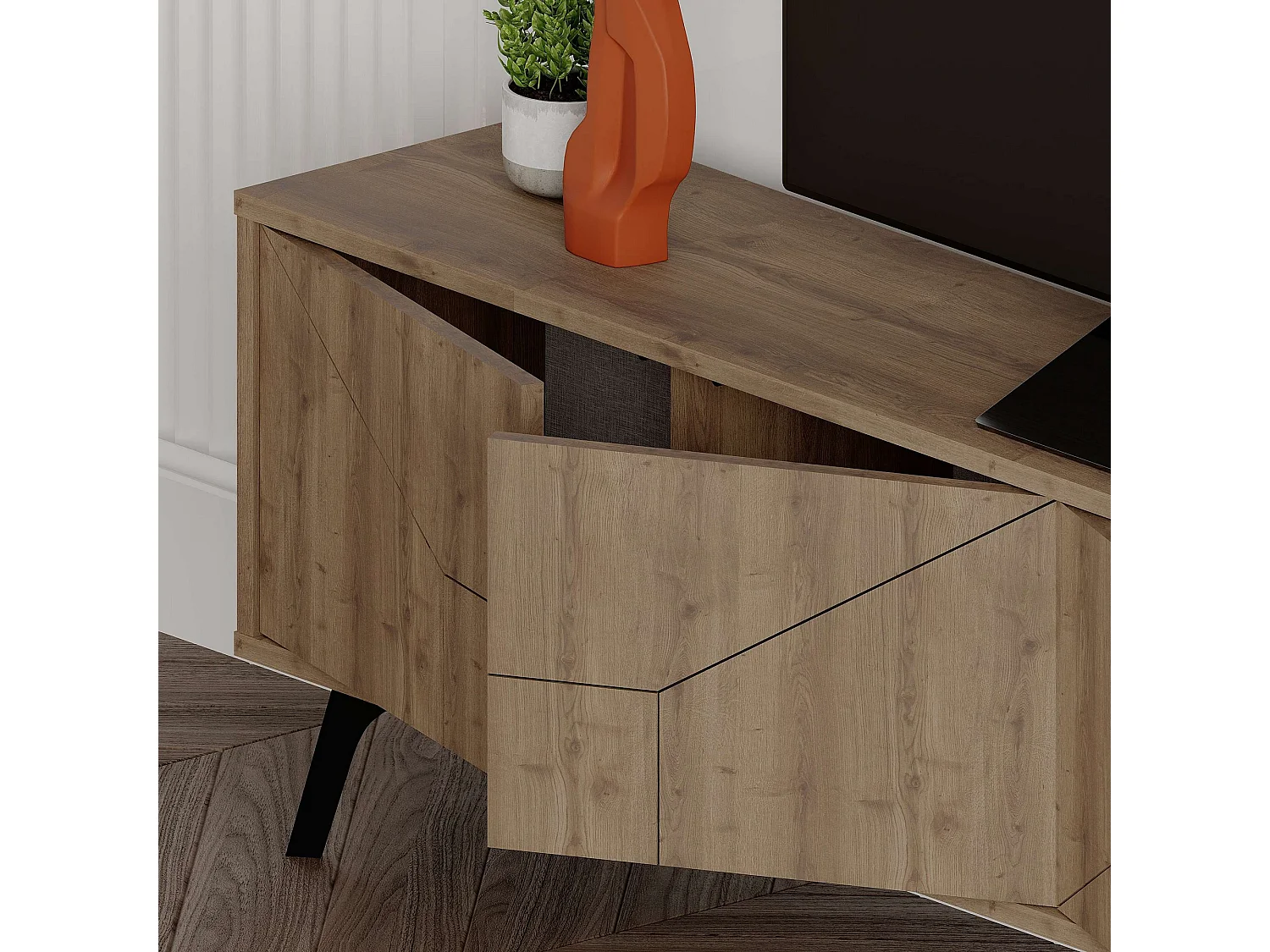 Meuble TV en bois marron "Dune" 180x29x50 cm avec 4 portes et rangement, design moderne et pieds