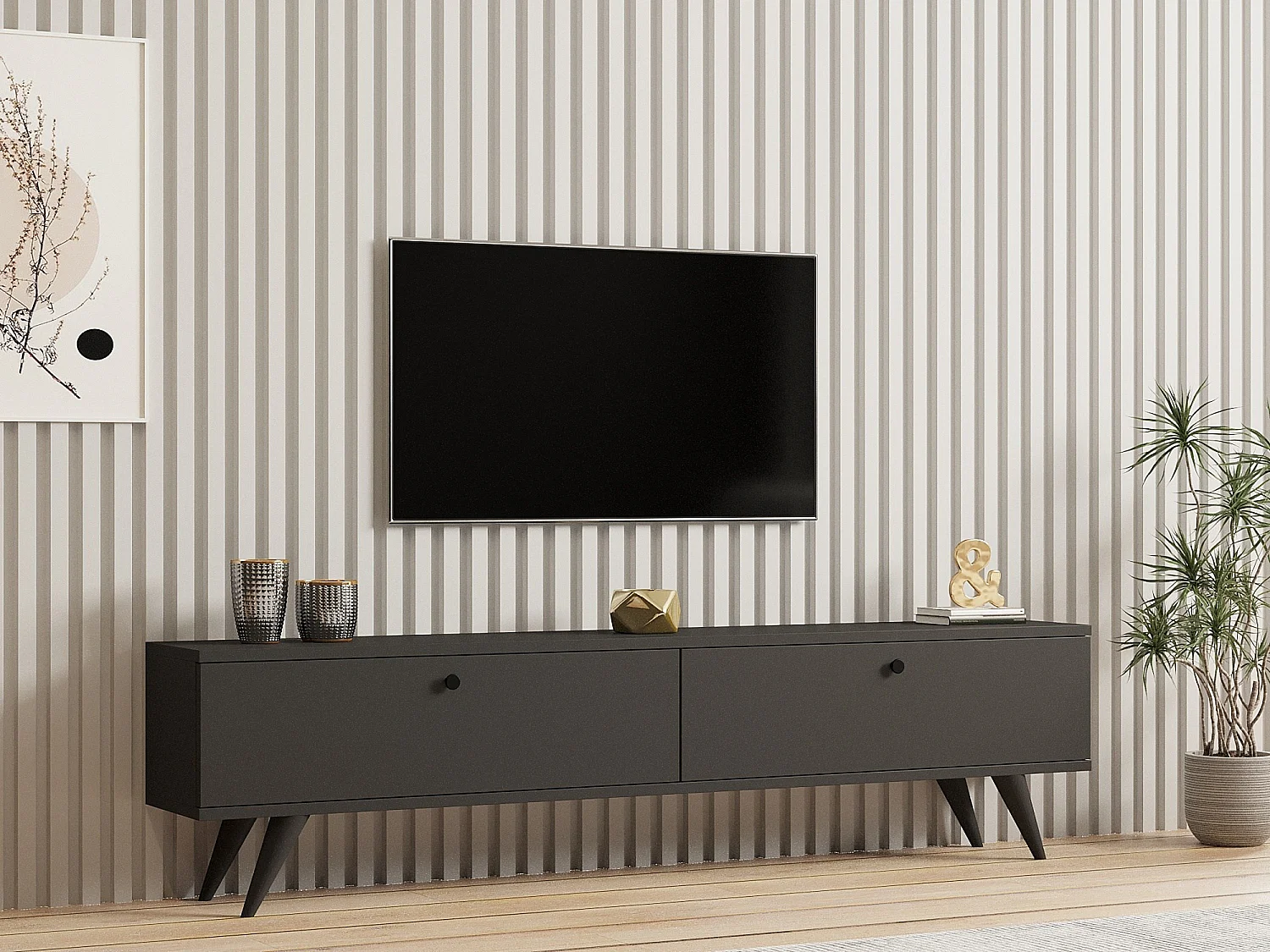 Meuble TV en bois "Parlak" - 160 x 25 x 40 cm - Gris anthracite