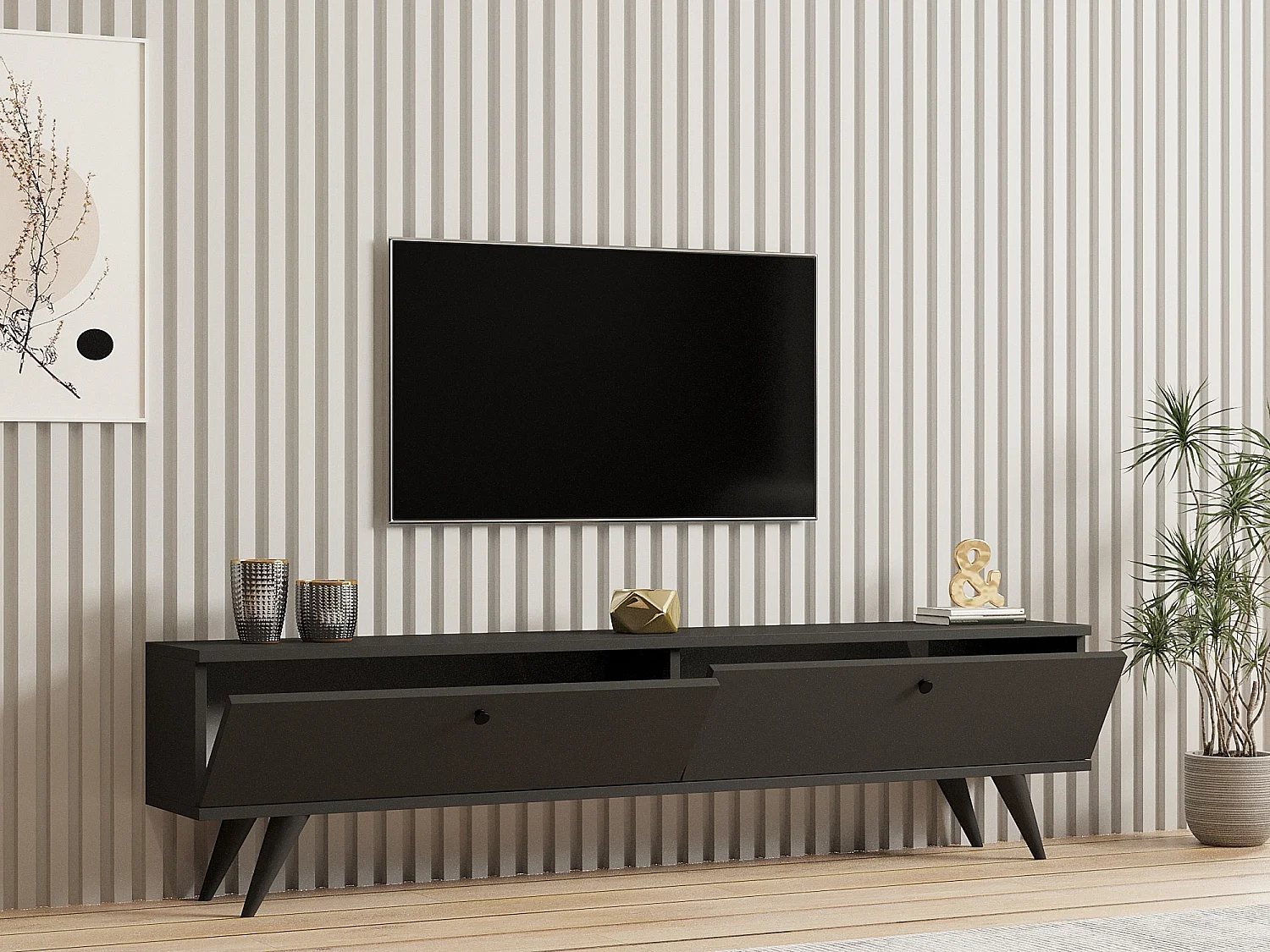 Meuble TV en bois "Parlak" - 160 x 25 x 40 cm - Gris anthracite