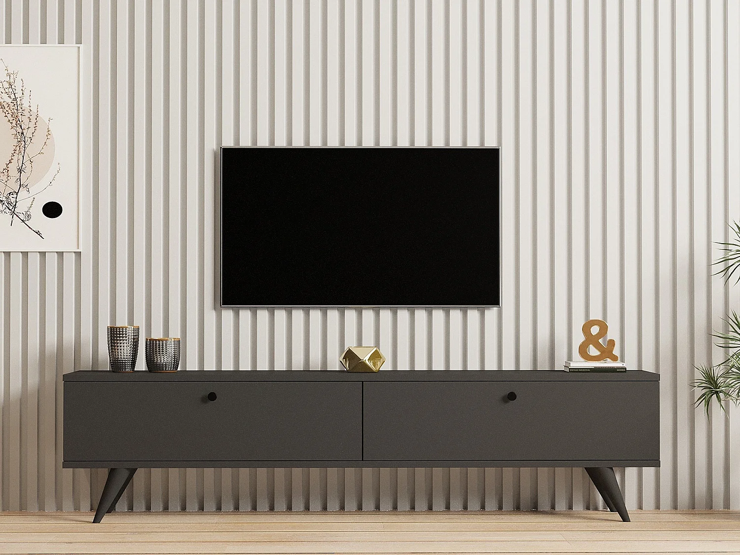 Meuble TV en bois "Parlak" - 160 x 25 x 40 cm - Gris anthracite