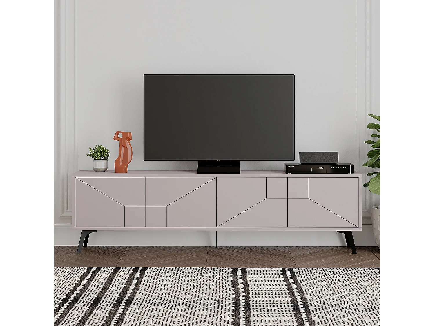 Meuble TV bois "Dune" Moka clair 180x29x50 cm, 4 portes, design moderne avec rangement