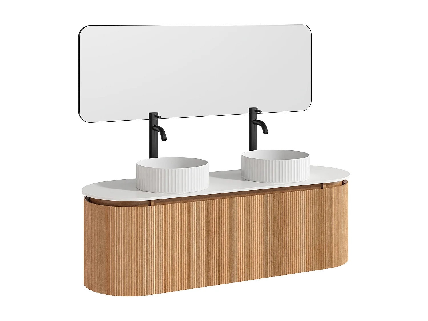 Meuble de salle de bain suspendu strié avec double vasque à poser ronde striée, robinet et miroir – Naturel clair - L150 cm - LILIKO