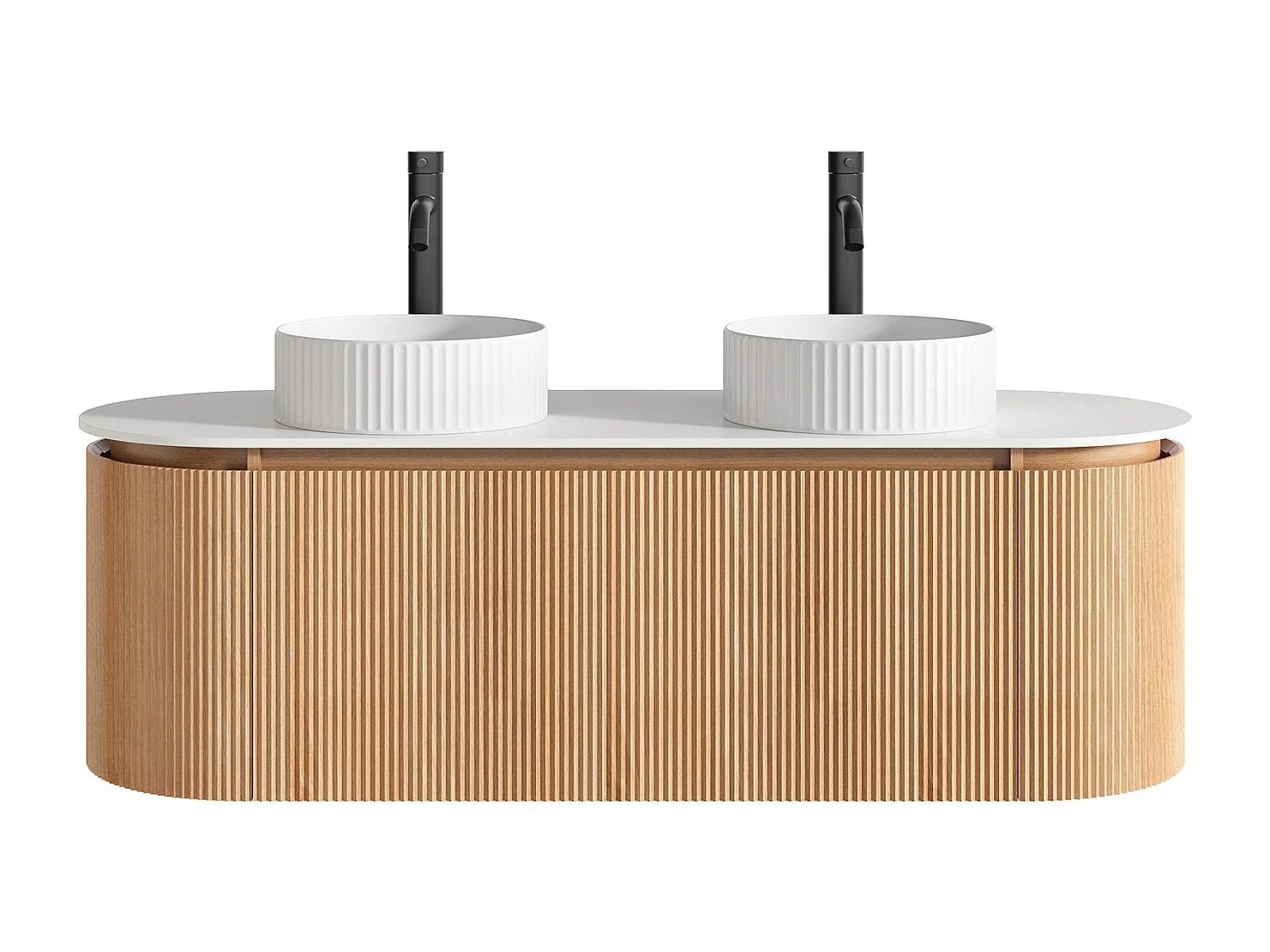 Meuble de salle de bain suspendu strié avec double vasque à poser ronde striée, robinet et miroir – Naturel clair - L150 cm - LILIKO