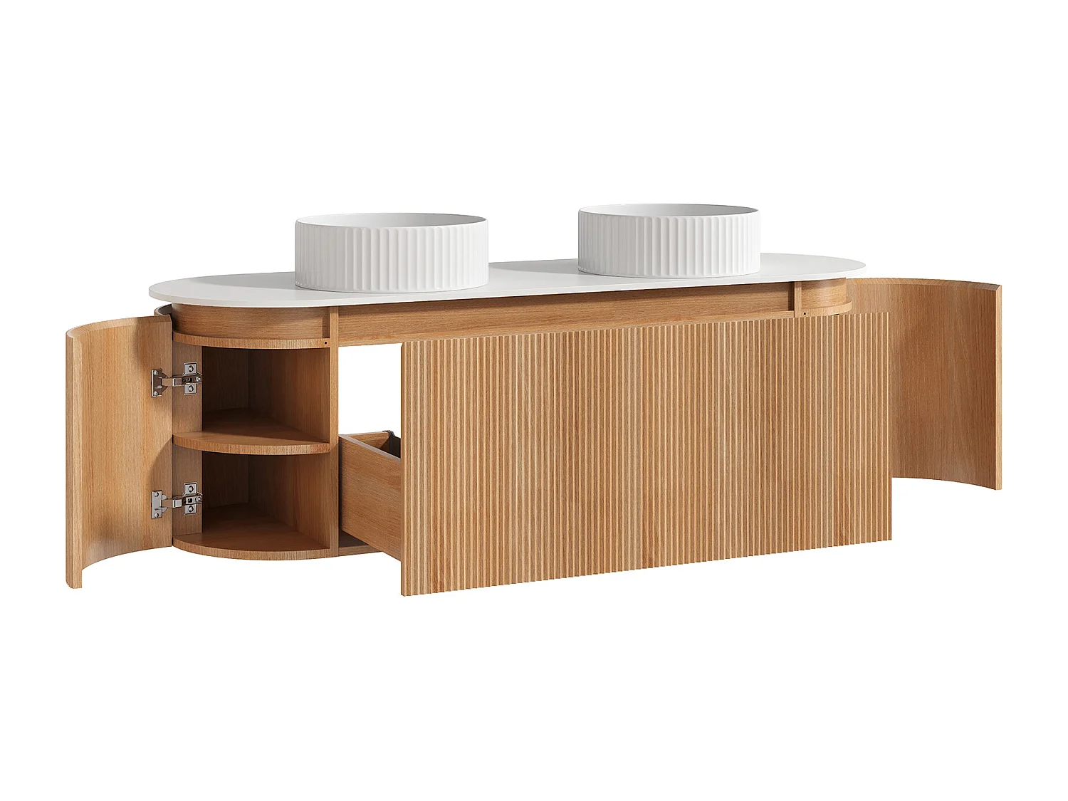 Meuble de salle de bain suspendu strié avec double vasque à poser ronde striée – Naturel clair - L150 cm - LILIKO