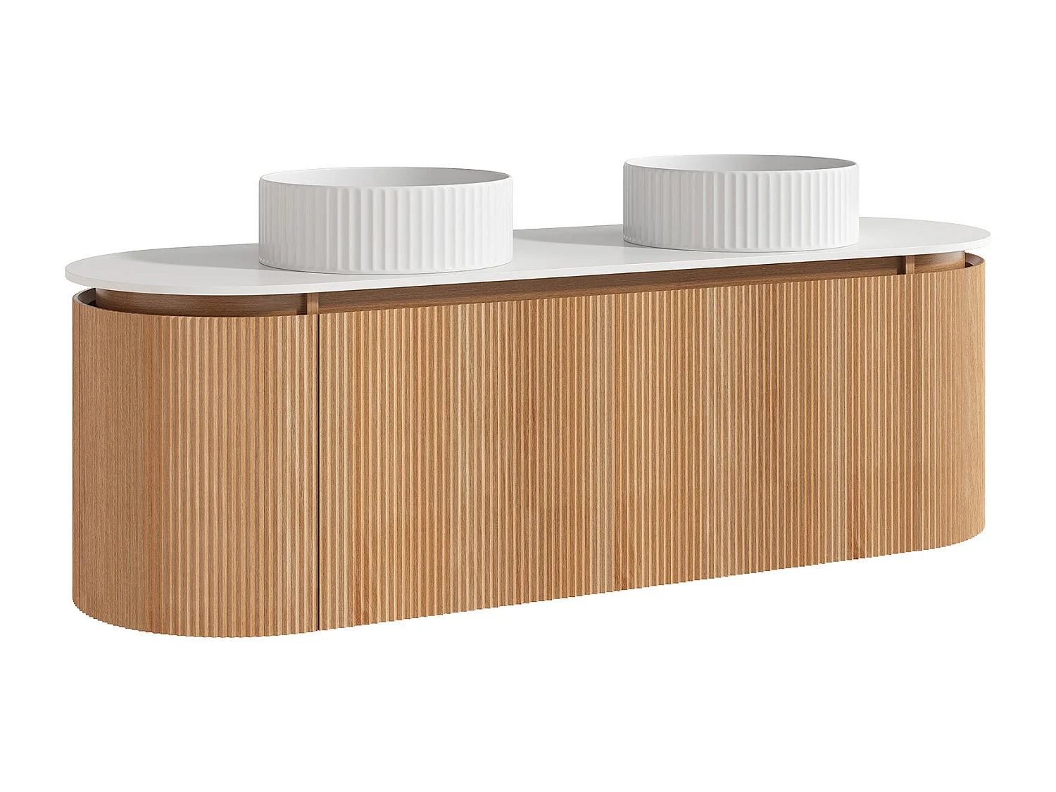 Meuble de salle de bain suspendu strié avec double vasque à poser ronde striée – Naturel clair - L150 cm - LILIKO