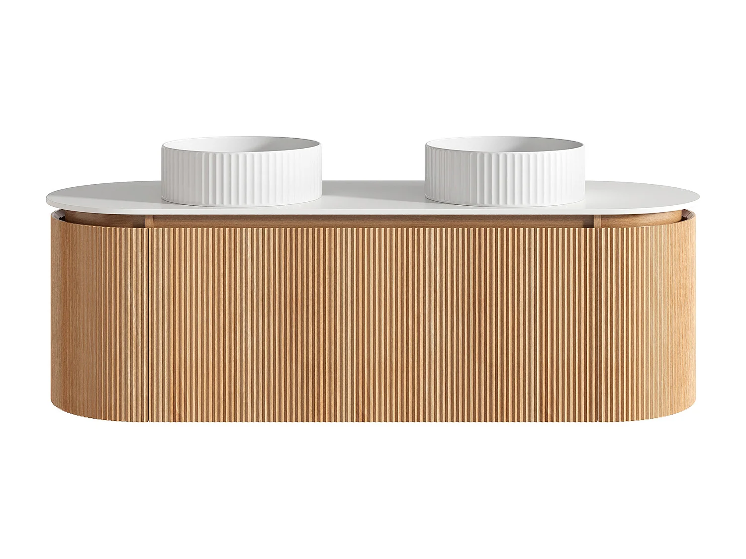 Meuble de salle de bain suspendu strié avec double vasque à poser ronde striée – Naturel clair - L150 cm - LILIKO