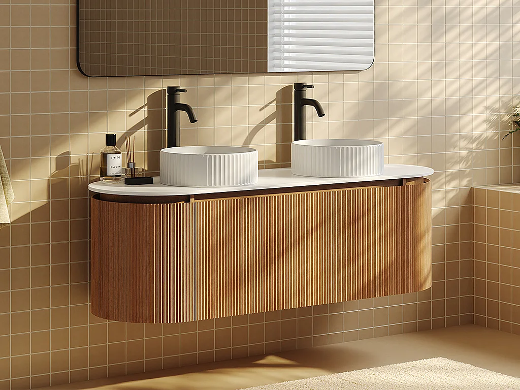 Meuble de salle de bain suspendu strié avec double vasque à poser ronde striée – Naturel clair - L150 cm - LILIKO