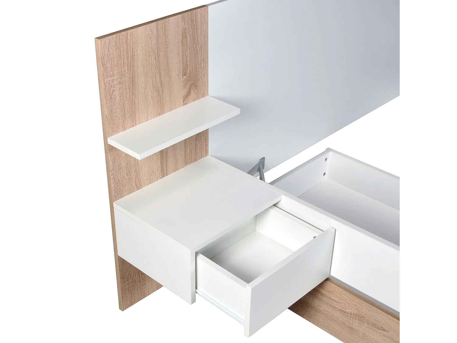 Lit avec tiroirs 160 x 200 cm – Avec 2 chevets et tablettes - Blanc et naturel + Sommier – KLYRANA