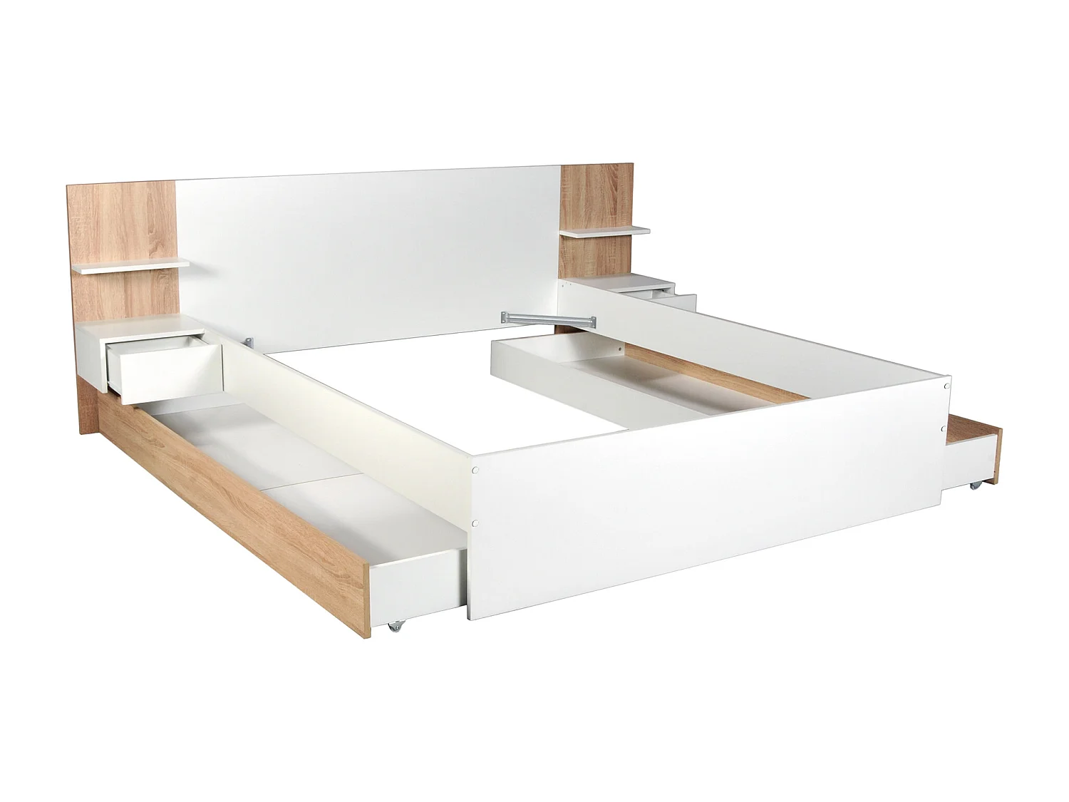 Lit avec tiroirs 160 x 200 cm – Avec 2 chevets et tablettes - Blanc et naturel + Sommier – KLYRANA