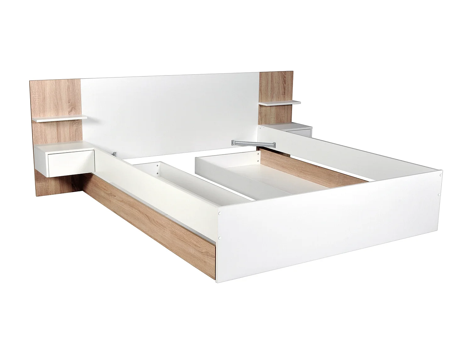Lit avec tiroirs 160 x 200 cm – Avec 2 chevets et tablettes - Blanc et naturel + Sommier – KLYRANA