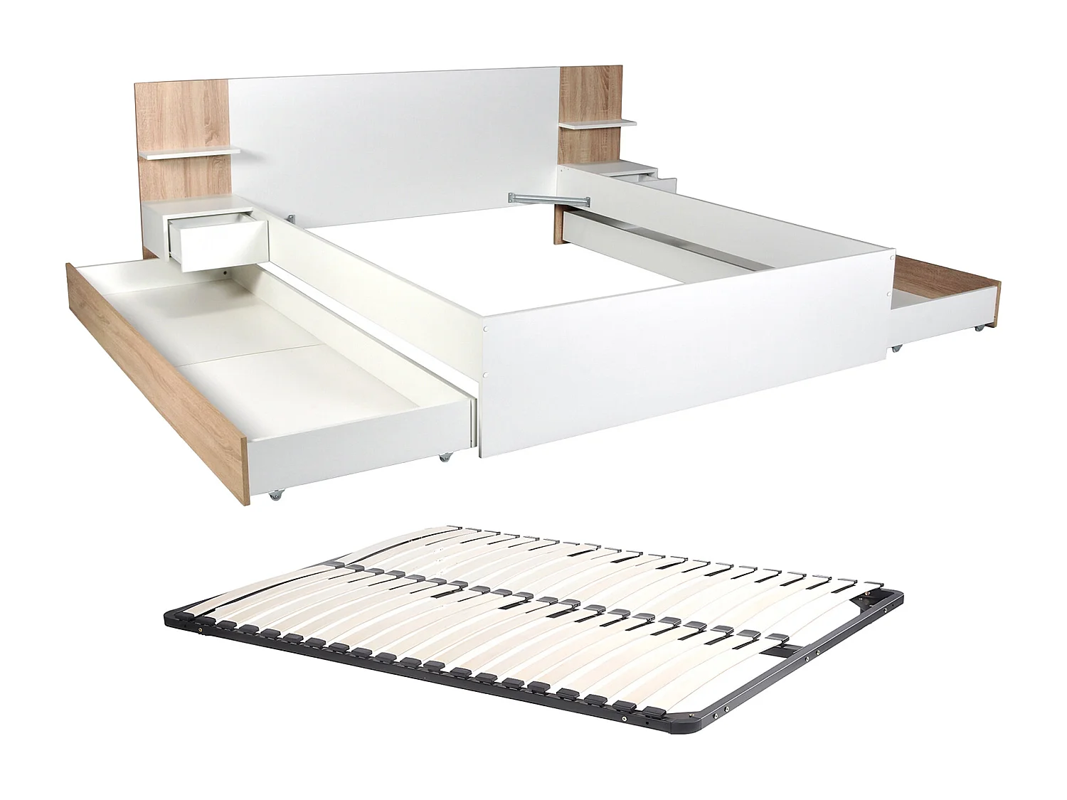 Lit avec tiroirs 160 x 200 cm – Avec 2 chevets et tablettes - Blanc et naturel + Sommier – KLYRANA