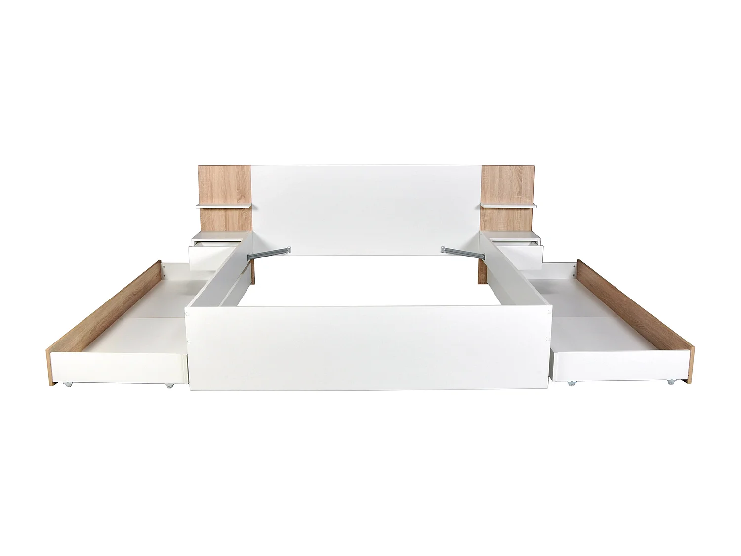 Lit avec tiroirs 160 x 200 cm – Avec 2 chevets et tablettes - Blanc et naturel + Sommier – KLYRANA