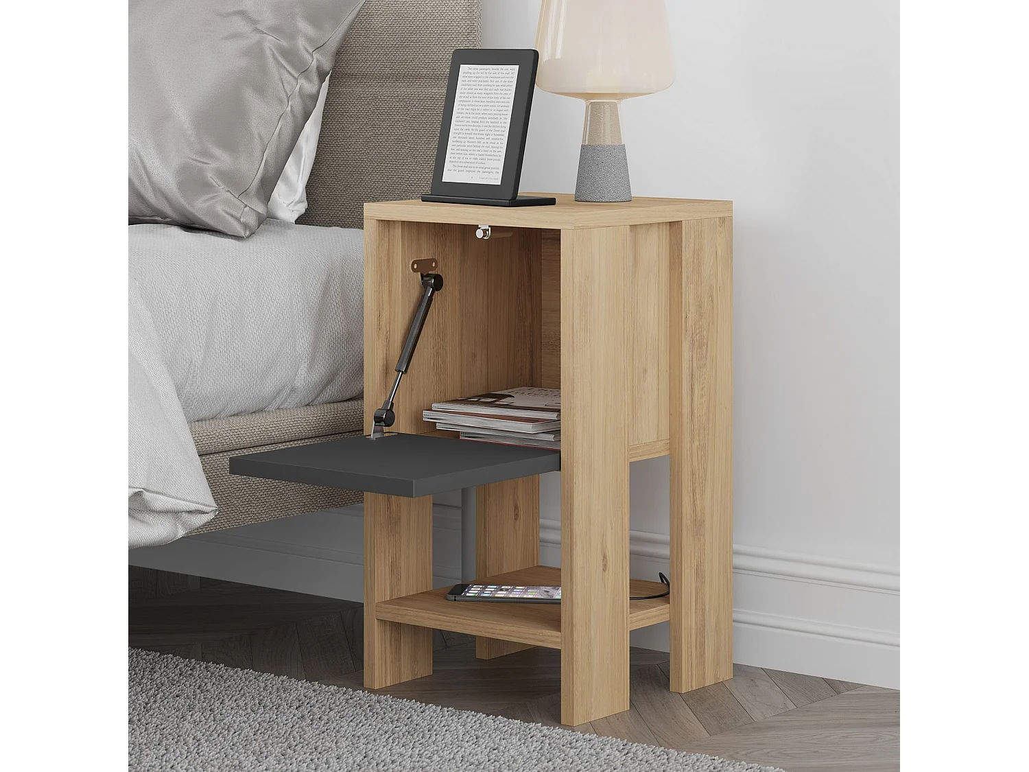 Modern ek sängbord "Ema" med svängbar låda - 30 x 30 x 55 cm