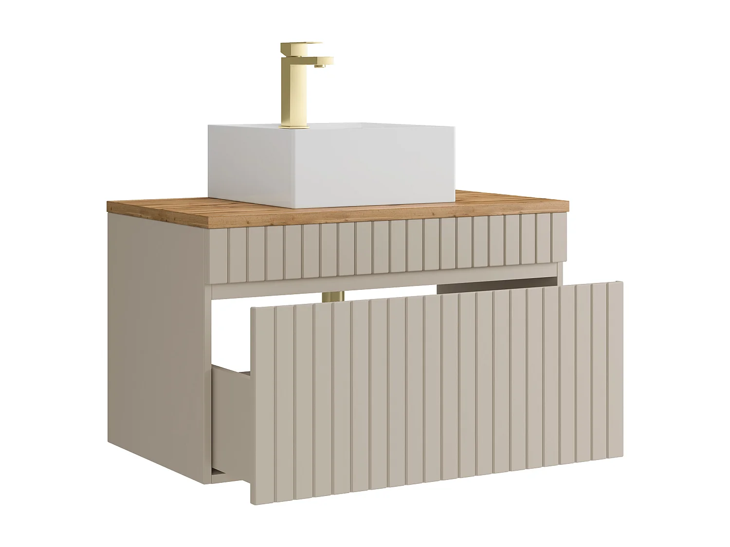 Meuble de salle de bain suspendu strié beige avec vasque à poser carrée et robinet - 80 cm - SATARA