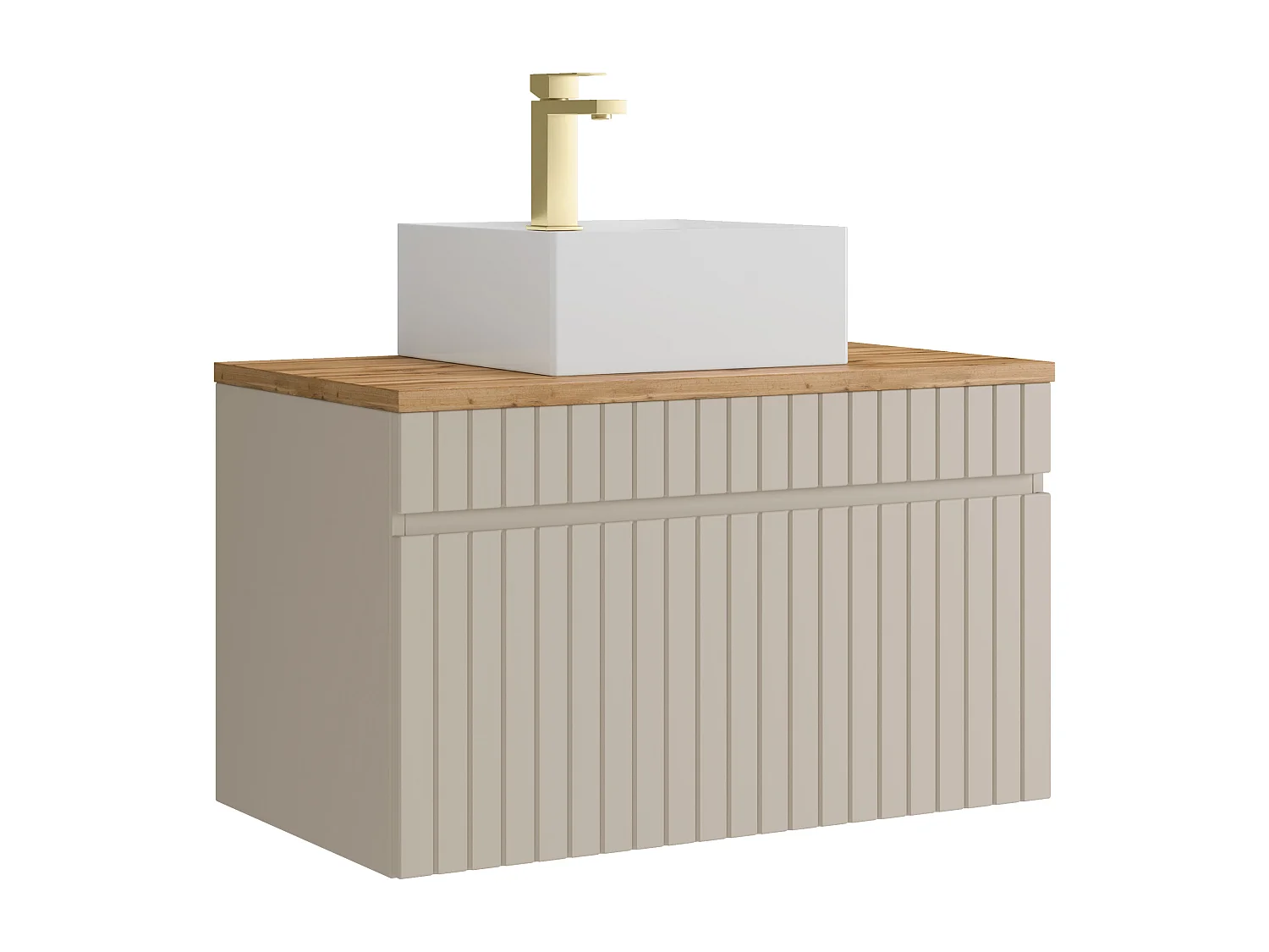 Meuble de salle de bain suspendu strié beige avec vasque à poser carrée et robinet - 80 cm - SATARA