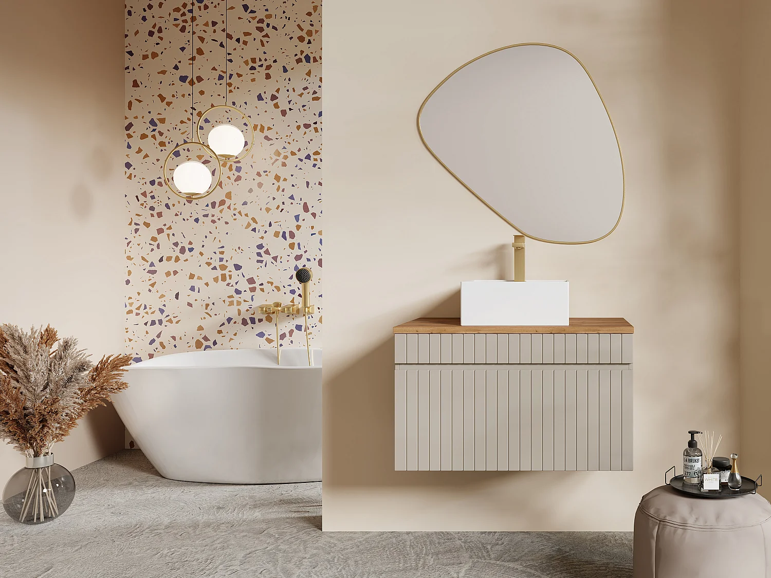 Meuble de salle de bain suspendu strié beige avec vasque à poser carrée et robinet - 80 cm - SATARA