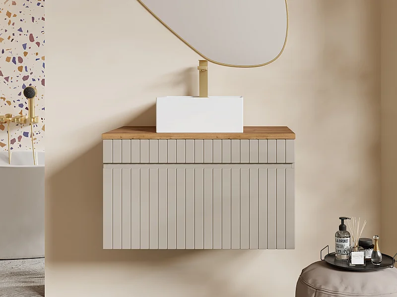 Móvel suspenso estriado bege para colocar sob o lavatório com lavatório de encastrar quadrado e torneira - 80 cm - SATARA