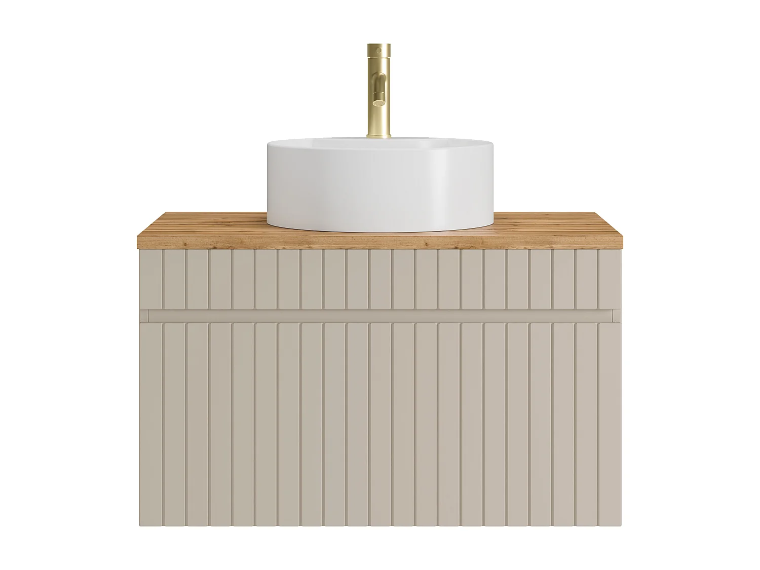 Meuble de salle de bain suspendu strié beige avec vasque à poser ronde et robinet - 80 cm - SATARA