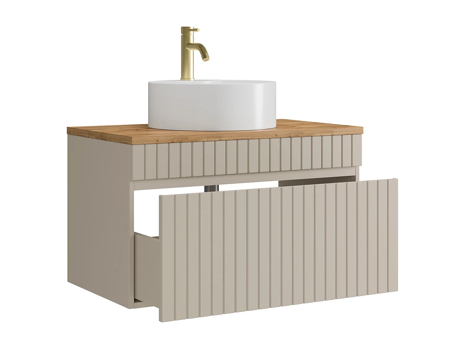 Meuble de salle de bain suspendu strié beige avec vasque à poser ronde et robinet - 80 cm - SATARA