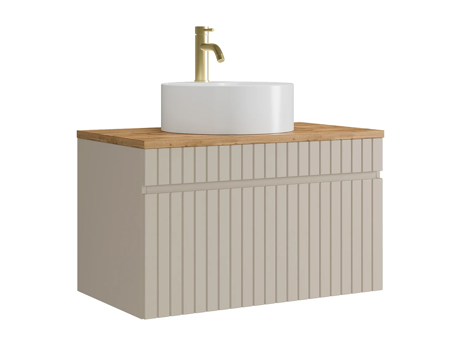 Meuble de salle de bain suspendu strié beige avec vasque à poser ronde et robinet - 80 cm - SATARA