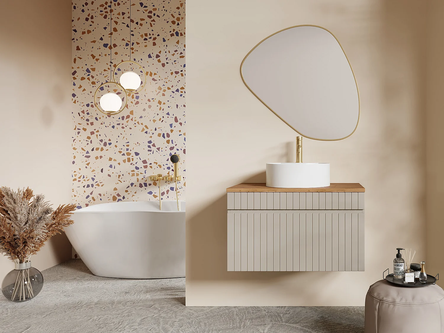 Meuble de salle de bain suspendu strié beige avec vasque à poser ronde et robinet - 80 cm - SATARA