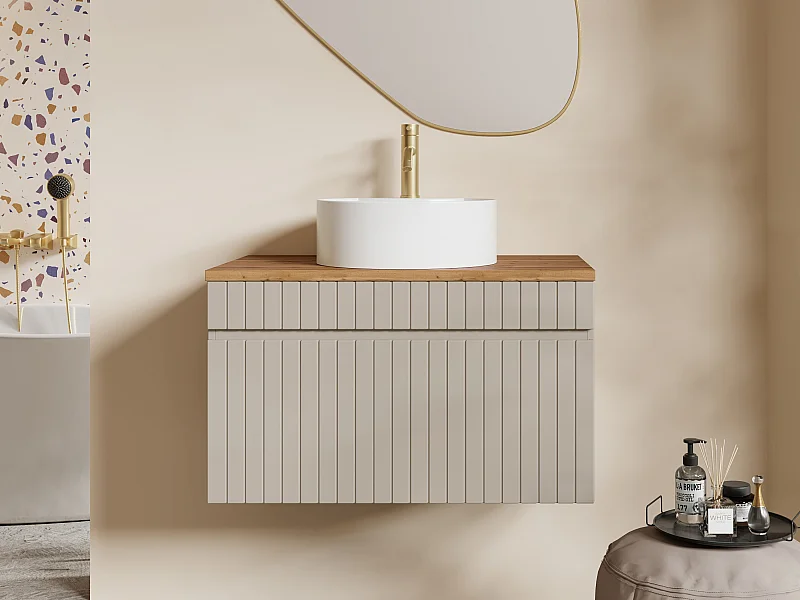 Móvel suspenso estriado bege para colocar sob o lavatório com lavatório de encastrar redondo e torneira - 80 cm - SATARA