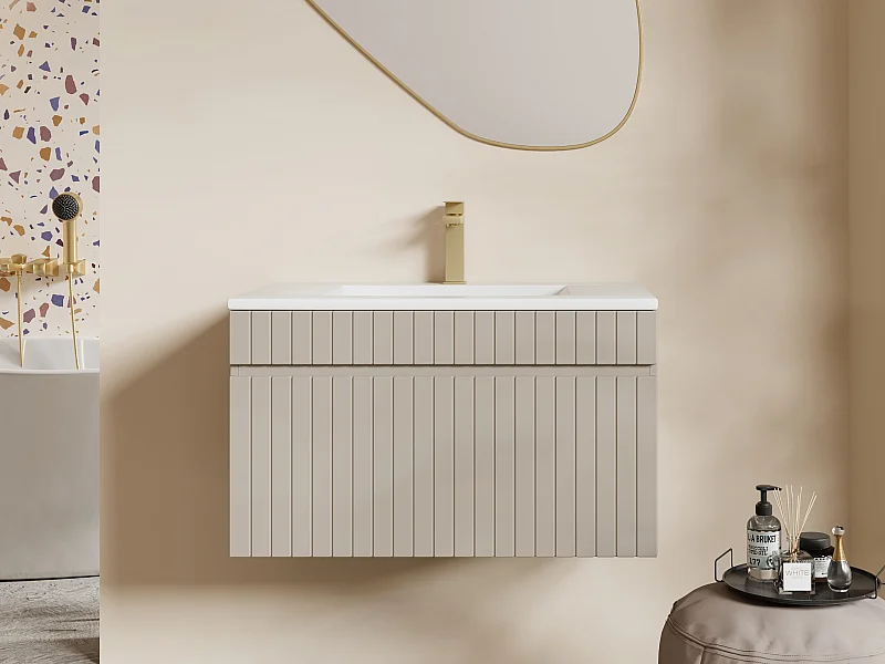 Móvel suspenso estriado bege para colocar sob o lavatório com lavatório de encastrar e torneira - 80 cm - SATARA