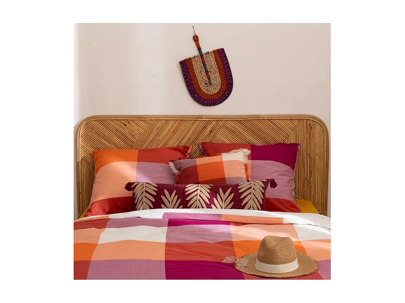 Tête de lit en rotin naturel avec motifs géométriques - Longueur 160 x Profondeur 3,5 x Hauteur 103 cm