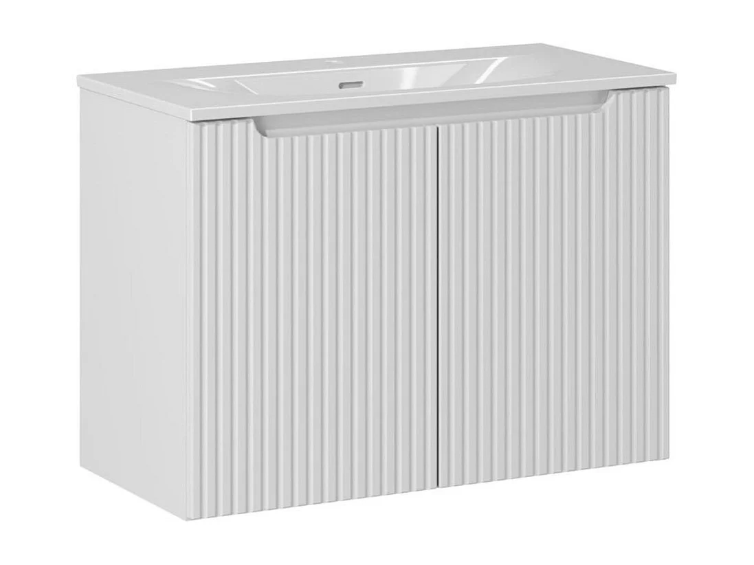 Ensemble de salle de bain suspendu VANO blanc 80cm : meuble sous vasque à placards rainuré + vasque encastrée blanche