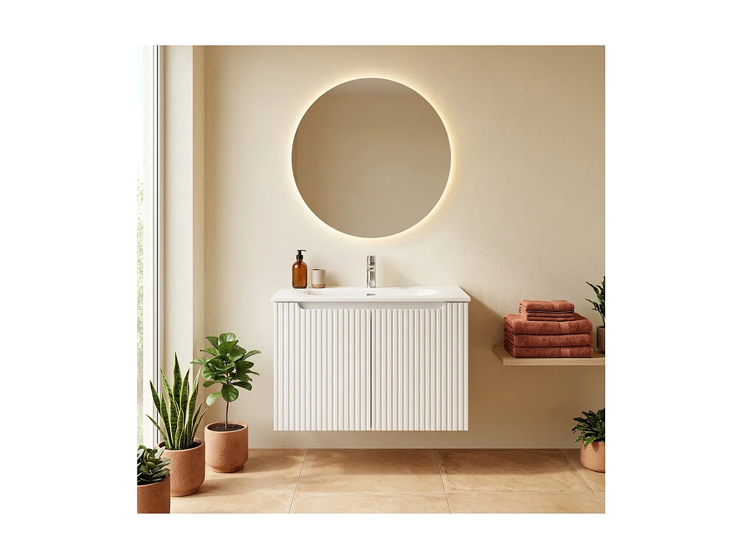Ensemble de salle de bain suspendu VANO blanc 80cm : meuble sous vasque à placards rainuré + vasque encastrée blanche