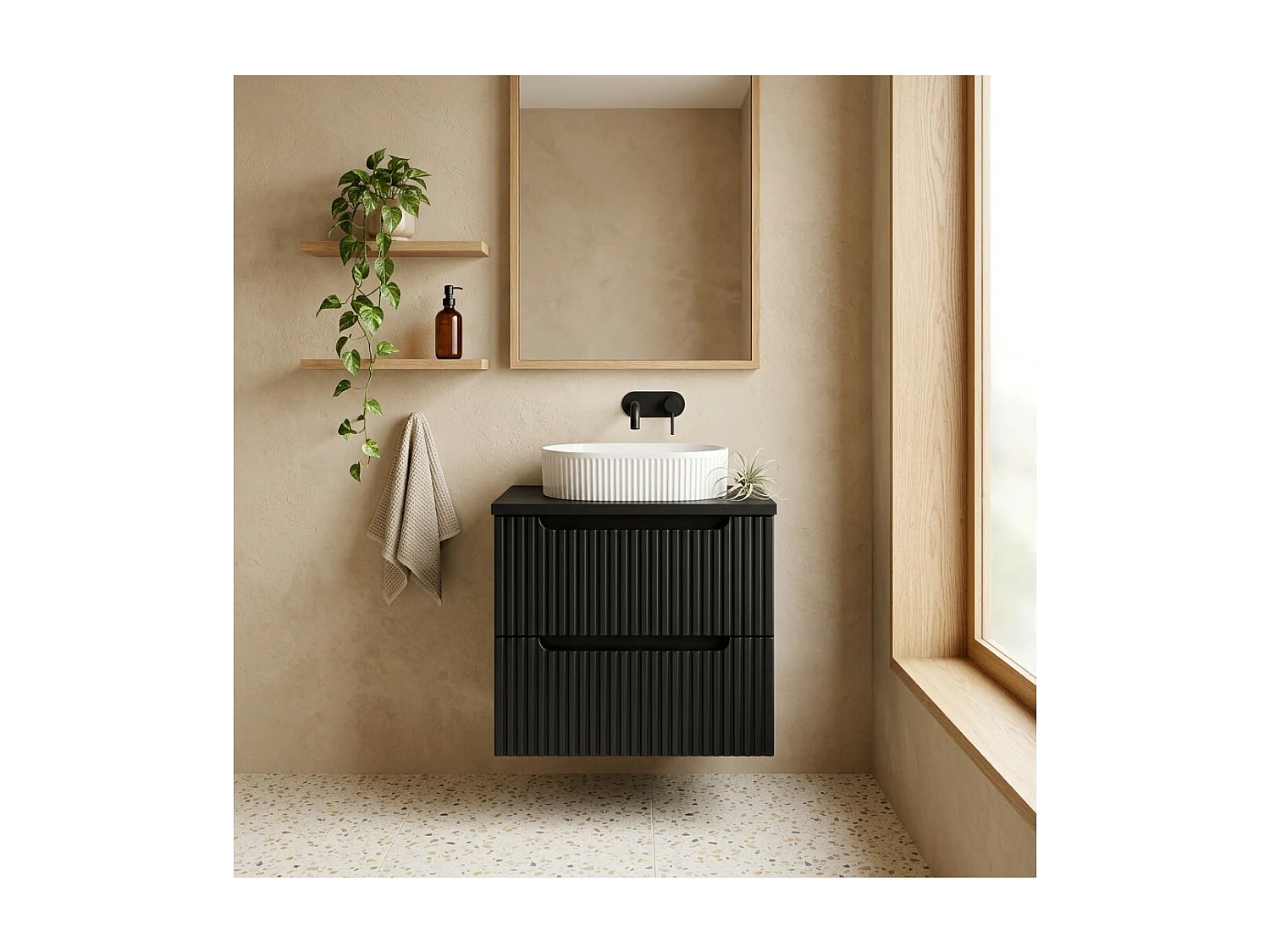 Ensemble de salle de bain suspendu VANO 60cm : meuble sous vasque à tiroirs rainuré verticalement + plan pour vasque noir mat