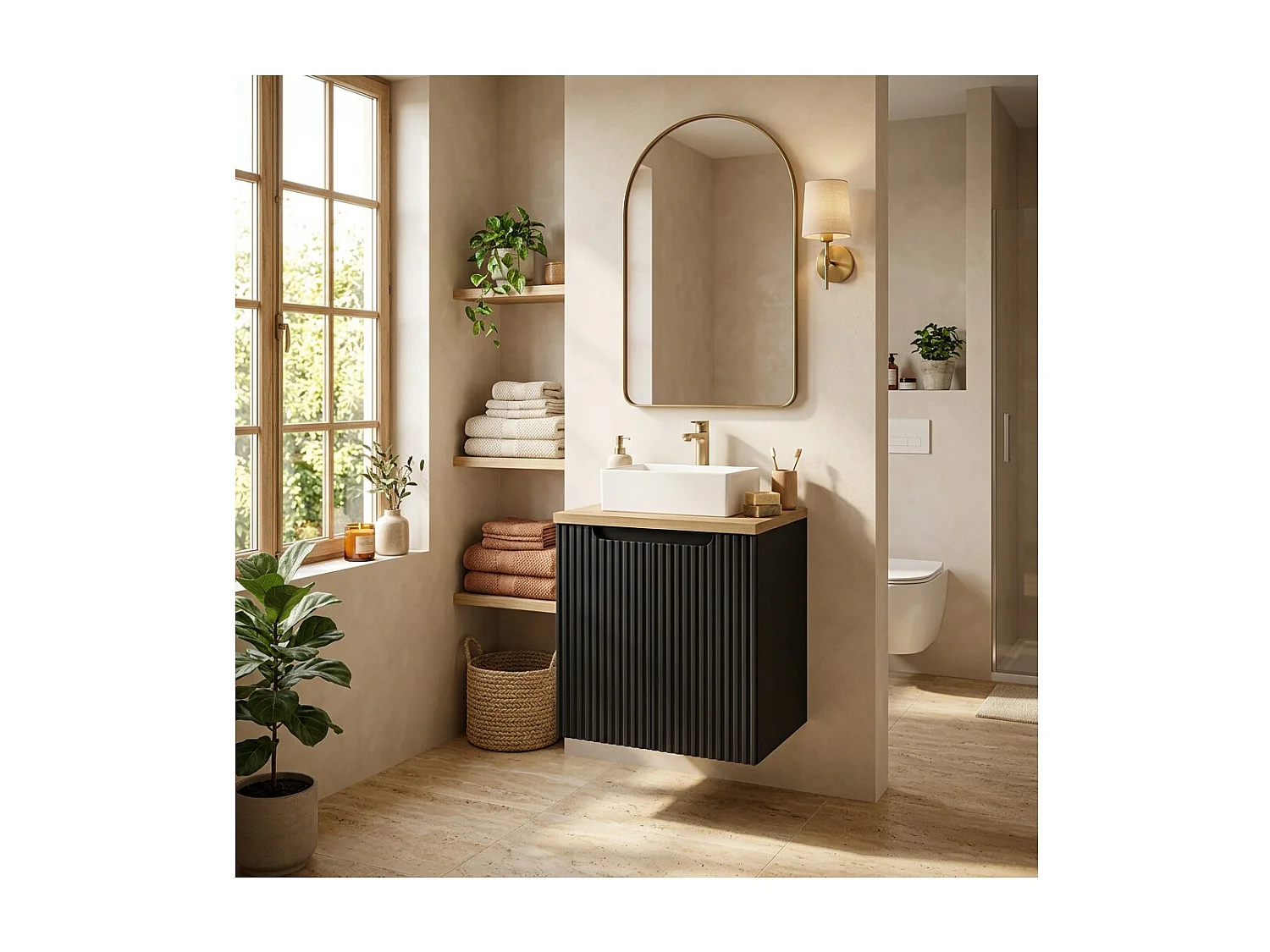 Ensemble de salle de bain suspendu VANO 50cm : meuble sous vasque à placards rainuré + plan pour vasque aspect chêne clair