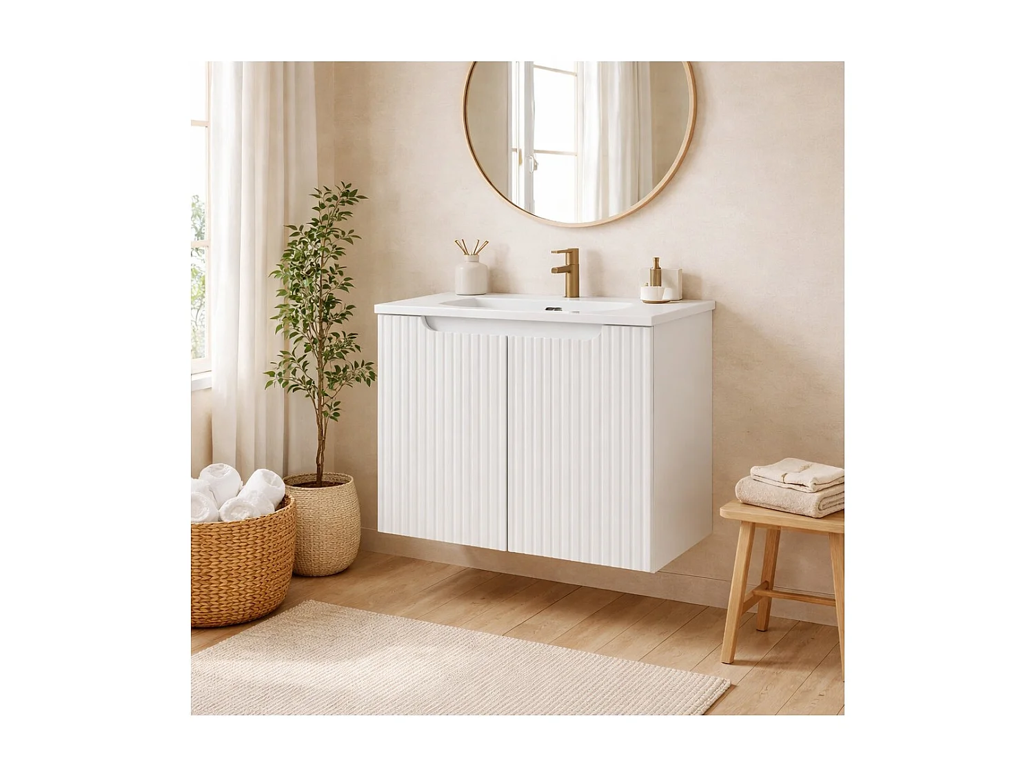 Ensemble de salle de bain suspendu VANO blanc 60cm : meuble sous vasque à placards rainuré + vasque encastrée blanche