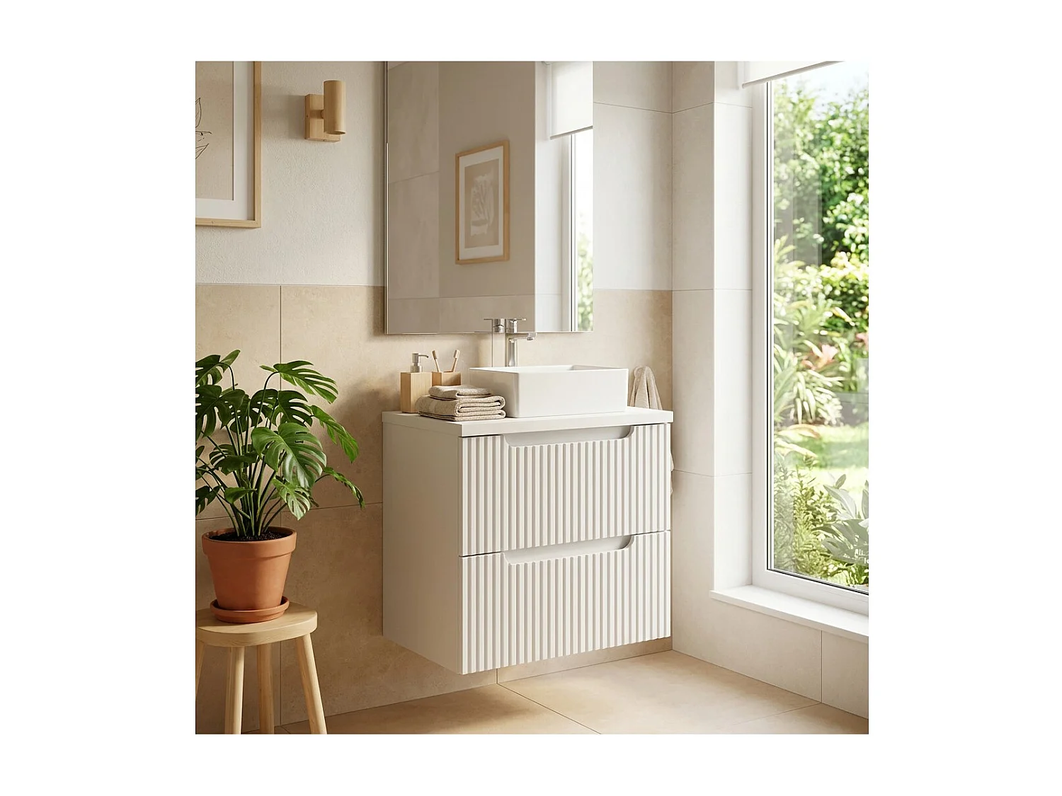 Ensemble de salle de bain VANO blanc 50cm : meuble sous vasque à tiroirs + plan pour vasque blanc + vasque à poser rectangulaire