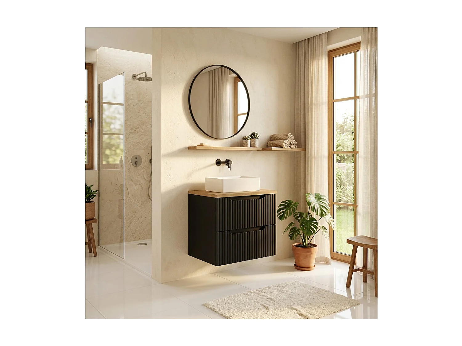 Ensemble de salle de bain suspendu VANO 50cm : meuble sous vasque à tiroirs rainuré + plan pour vasque aspect chêne clair