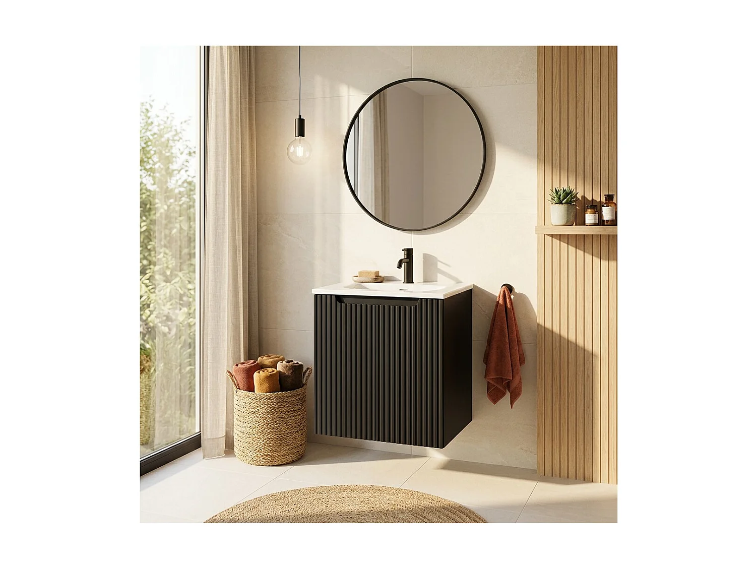 Ensemble de salle de bain VANO 50cm : meuble sous vasque à placards rainuré verticalement + vasque encastrée blanche