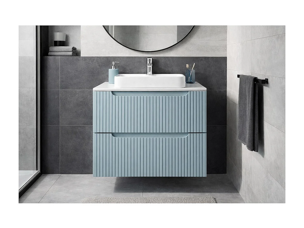 Meuble sous vasque VANO 60 cm bleu denim suspendu avec 2 tiroirs