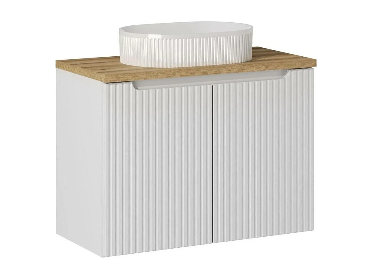 Ensemble de salle de bain VANO blanc 80cm : meuble sous vasque à placards + plan pour vasque + vasque à poser rainurée blanche
