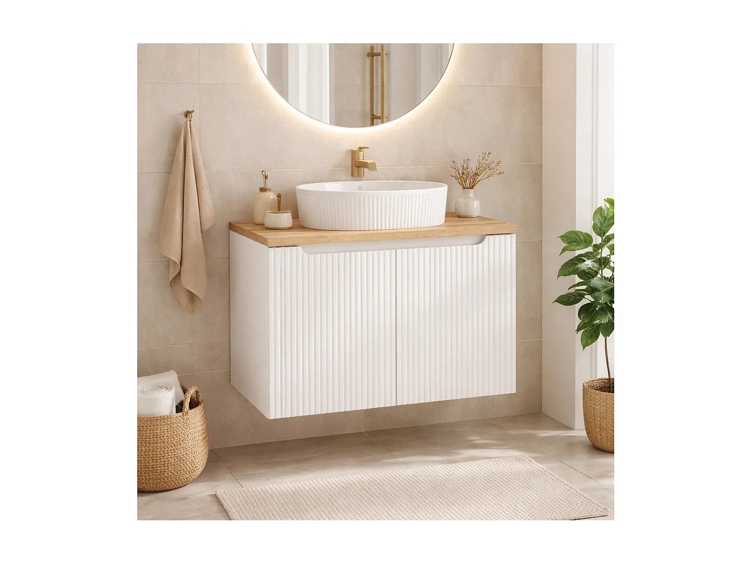 Ensemble de salle de bain VANO blanc 80cm : meuble sous vasque à placards + plan pour vasque + vasque à poser rainurée blanche