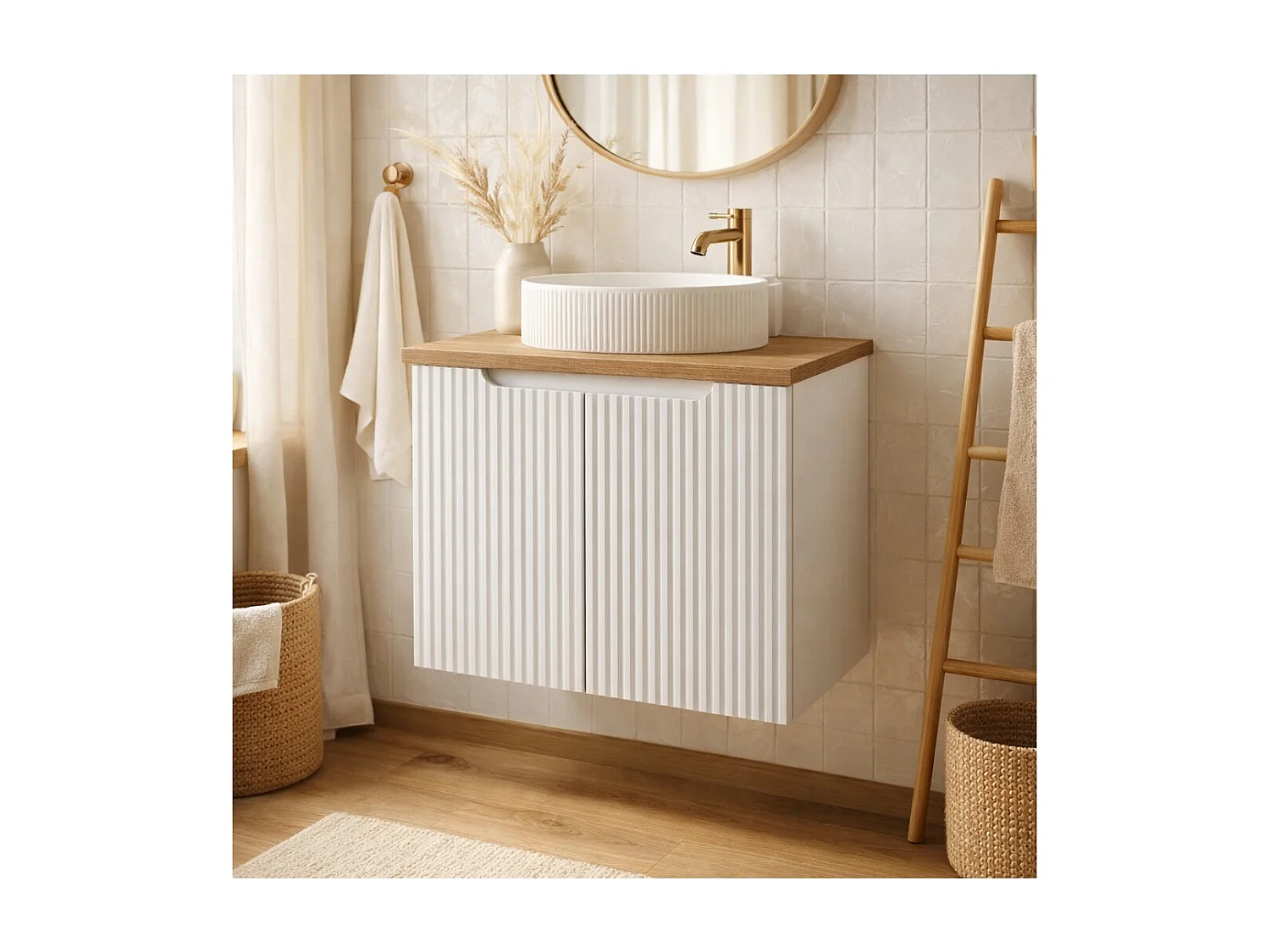 Ensemble VANO blanc 60cm : meuble sous vasque à placards + plan pour vasque aspect chêne clair + vasque à poser rainurée blanche