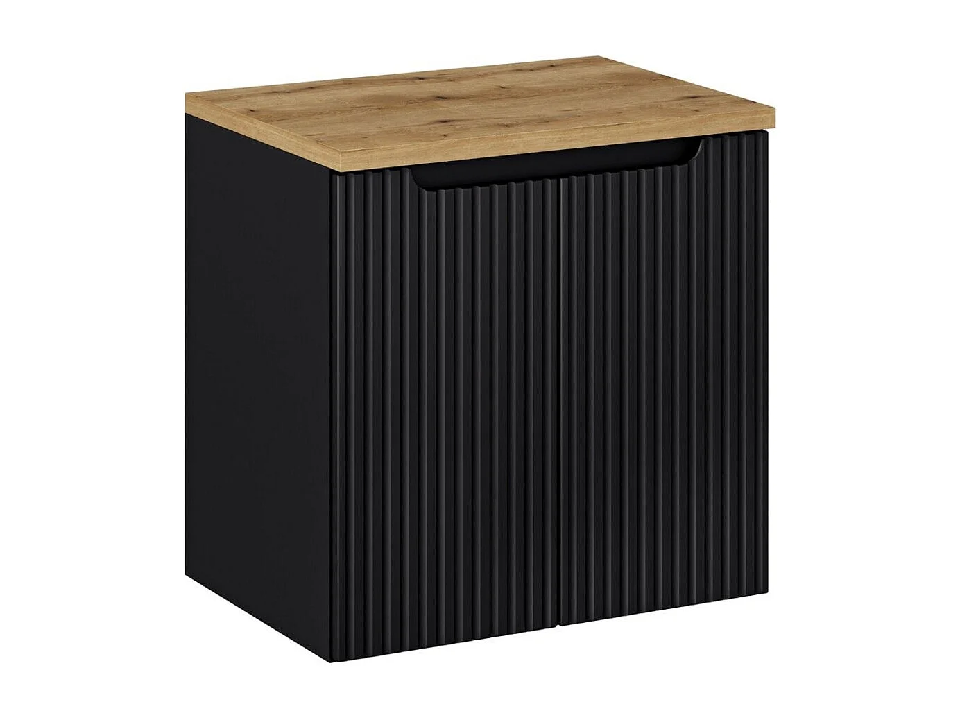 Ensemble de salle de bain VANO 60cm : meuble sous vasque à placards rainuré verticalement + plan pour vasque aspect chêne