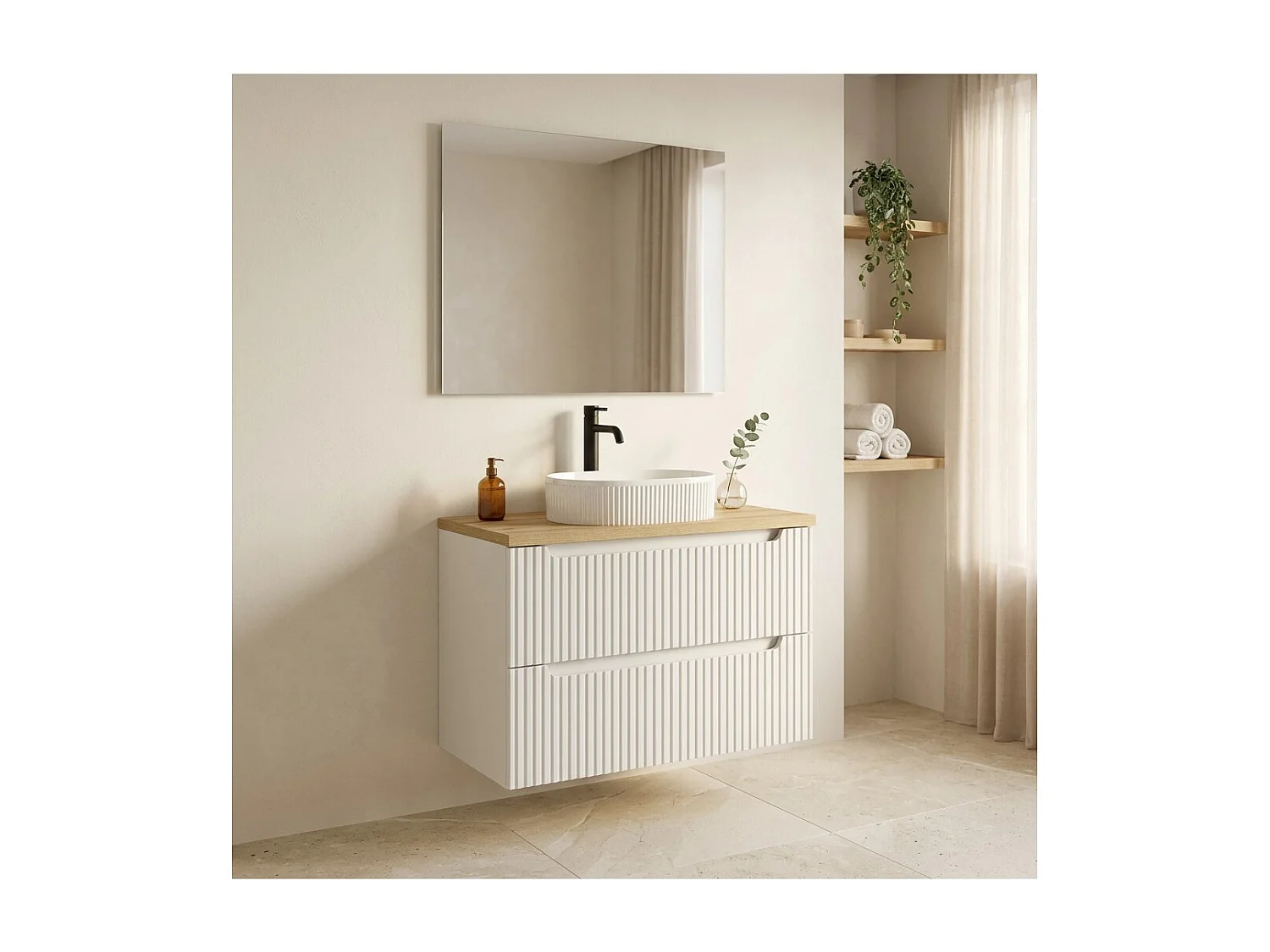 Ensemble de salle de bain VANO blanc 80cm : meuble sous vasque à tiroirs rainuré + plan pour vasque aspect chêne clair
