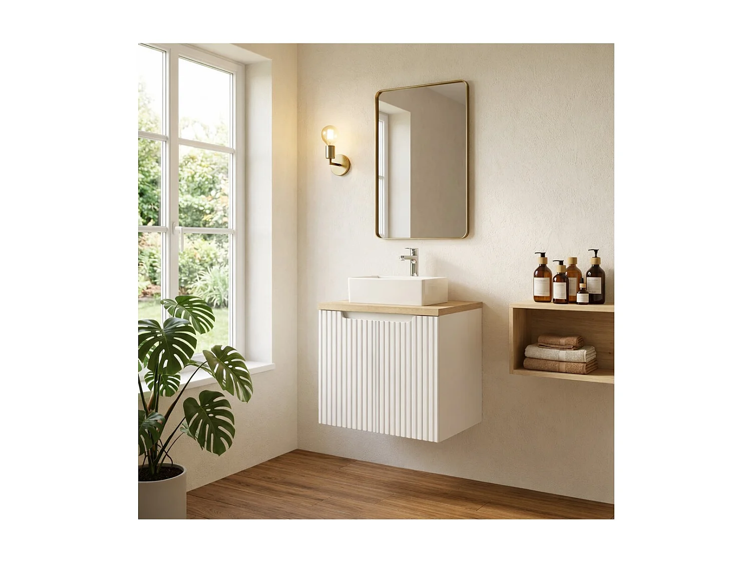 Ensemble de salle de bain VANO blanc 50cm : meuble sous vasque à placards rainuré + plan pour vasque aspect chêne clair