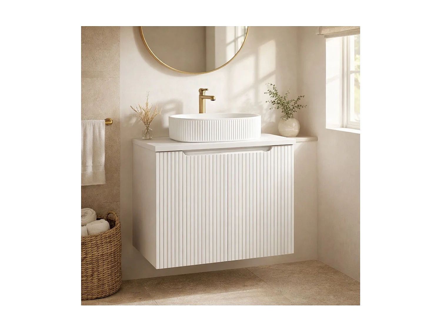 Ensemble VANO blanc 60cm : meuble sous vasque à placards + plan pour vasque blanc + vasque à poser rainurée blanche